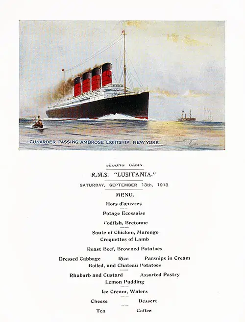 Front Cover of a Vintage Dinner Menu Card from Saturday, 13 September 1913, on board the RMS Lusitania of the Cunard Line.