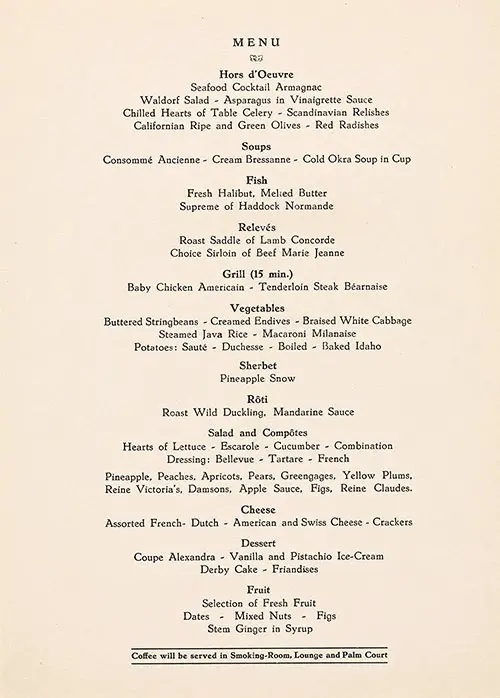 Menu Selections, Dinner Menu, on the SS Maasdam of the Holland-America Line, Saturday, 20 December 1958.