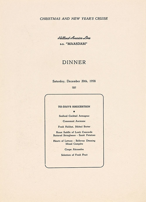 Today's Suggestions, Dinner Menu, on the SS Maasdam of the Holland-America Line, Saturday, 20 December 1958.