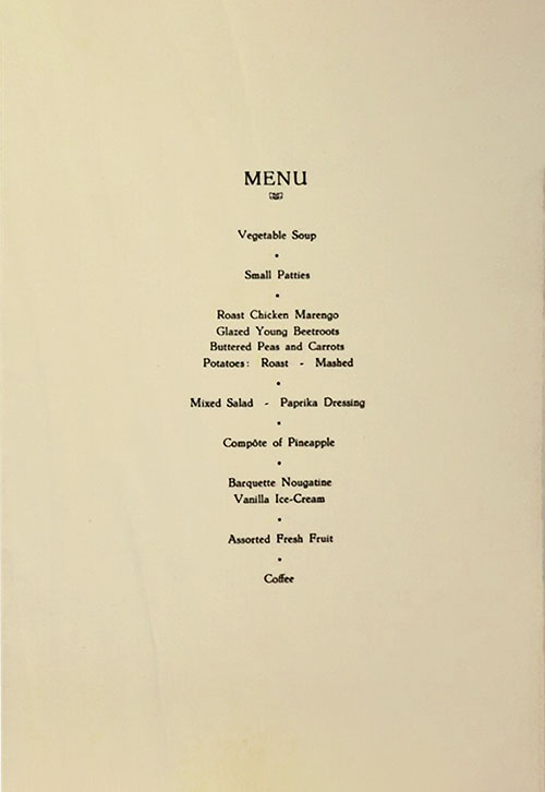 Menu Selections, Dinner Menu, Tourist Class on the SS Ryndam of the Holland-America Line, Wednesday, 7 April 1954.