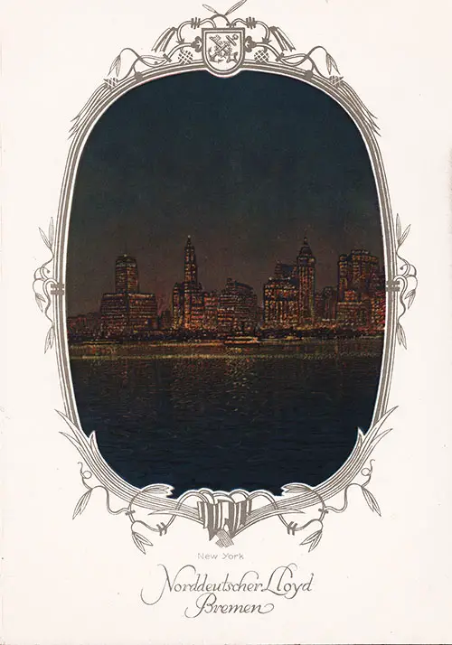 New York Skyline on the Front Cover, Dinner Menu, on the SS Stuttgart of the Norddeutscher Lloyd/North German Lloyd, Thursday, 12 June 1930.