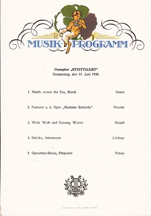 Music Program on the Back Cover of the Dinner Menu, on the SS Stuttgart of the Norddeutscher Lloyd/North German Lloyd, Thursday, 12 June 1930.