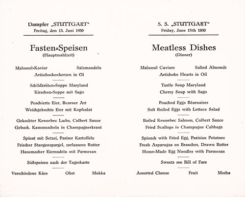 Dinner Menu Selections, SS Stuttgart, Friday, 13 June 1930.