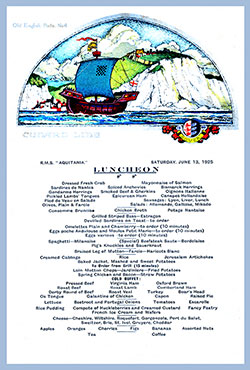 Front Cover of a Vintage Luncheon Menu Card from Saturday, 13 June 1925, on board the RMS Aquitania of the Cunard Line.