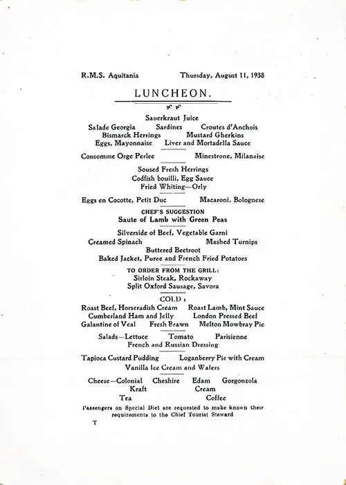 Menu Items, Luncheon Menu, Tourist Class on the RMS Aquitania of the Cunard Line, Thursday, 11 August 1938.