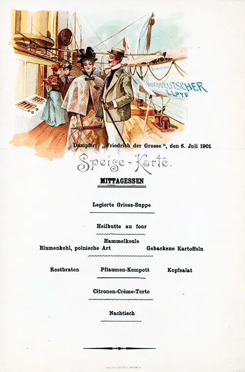 Luncheon Menu Card, SS Friedrich der Grosse, 6 July 1901.