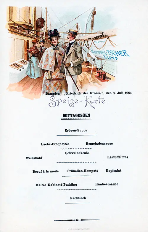Luncheon Menu, SS Friedrich der Grosse, 8 July 1901.