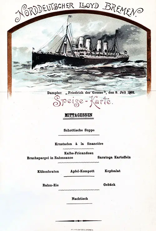 Luncheon Menu Card, SS Friedrich der Grosse, 9 July 1901.