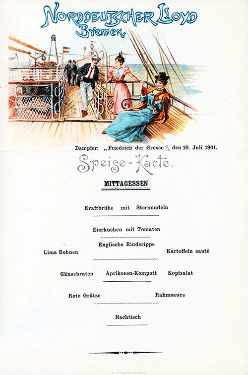 Luncheon Menu Card, SS Friedrich der Grosse, 10 July 1901.