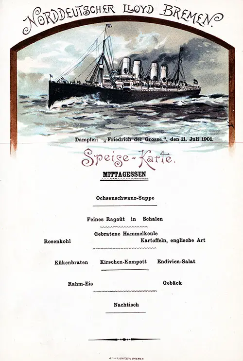 Luncheon Menu Card, SS Friedrich der Grosse, 11 July 1901.