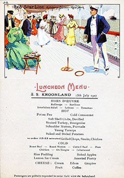 Front Side of a Vintage Luncheon Menu Card from 13 July 1907 on board the SS Kroonland of the Red Star Line.