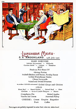 Vintage Luncheon Menu Card from 14 July 1907 on board the SS Kroonland of the Red Star Line.