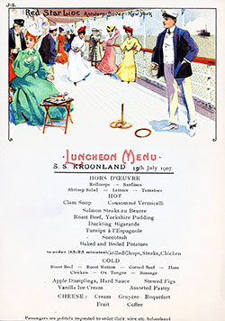 Front Side of a Vintage Luncheon Menu Card from 19 July 1907 on board the SS Kroonland of the Red Star Line.