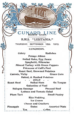 Front Cover of a Vintage Luncheon Menu Card from Thursday, 18 September 1913, on board the RMS Lusitania of the Cunard Line.