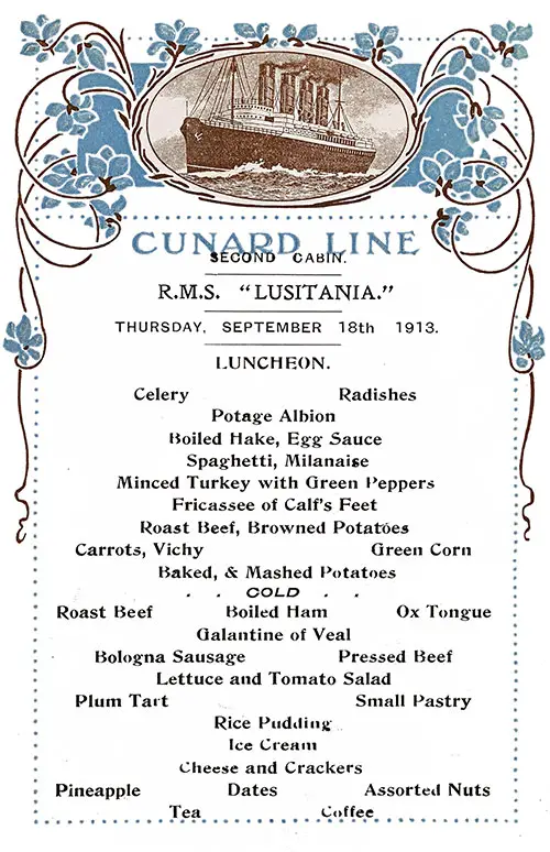 Front Cover of a Vintage Luncheon Menu Card from Thursday, 18 September 1913, on board the RMS Lusitania of the Cunard Line.