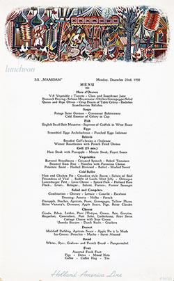 Vintage Luncheon Menu Card from Monday, 22 December 1958, on board the SS Maasdam of the Holland-America Line