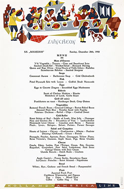 Vintage Luncheon Menu Card from Sunday, 28 December 1958, on board the SS Maasdam of the Holland-America Line.