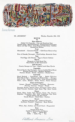Vintage Luncheon Menu Card from Monday, 29 December 1958, on board the SS Maasdam of the Holland-America Line.