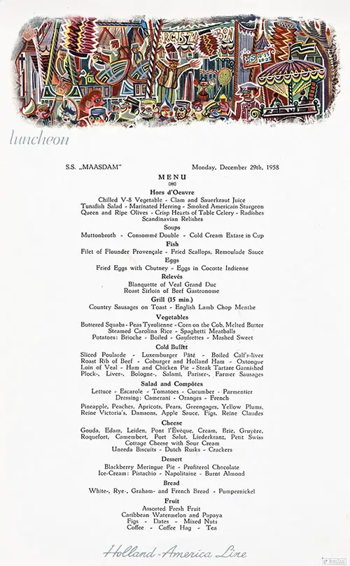 Vintage Luncheon Menu Card from Monday, 29 December 1958, on board the SS Maasdam of the Holland-America Line.