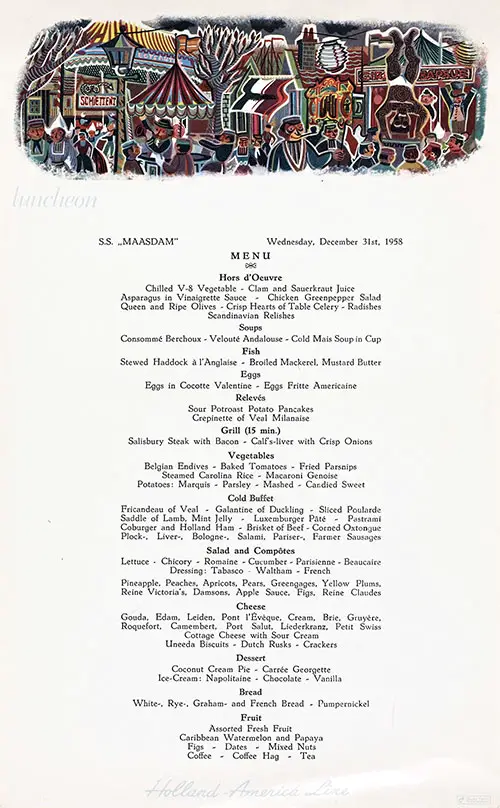 Vintage Luncheon Menu Card from 31 December 1958 on board the SS Maasdam of the Holland-America Line.