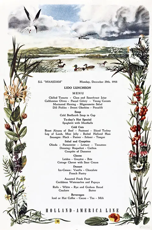 Front Cover of a Vintage Lido Luncheon Menu Card from Monday, 29 December 1958, on board the SS Maasdam of the Holland-America Line