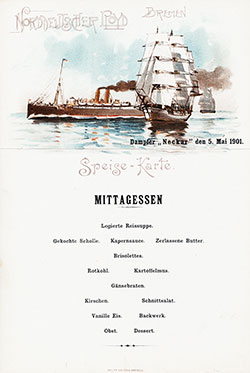 Luncheon Menu for 5 May 1901 on the SS Neckar.