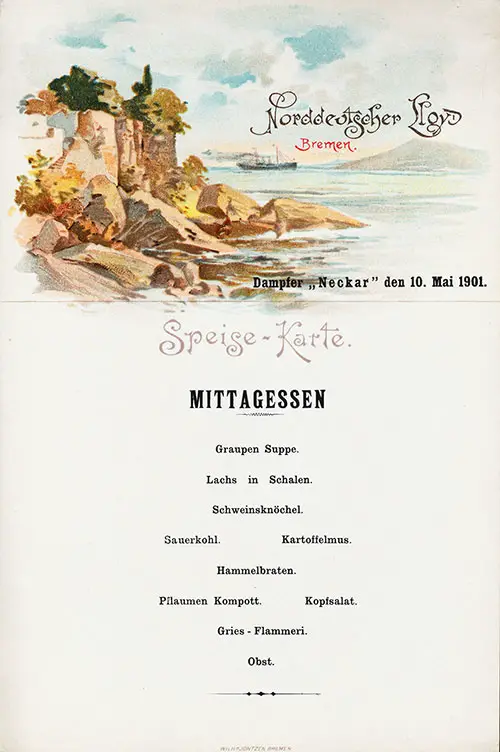 Luncheon Menu for 10 May 1901 on the SS Neckar.