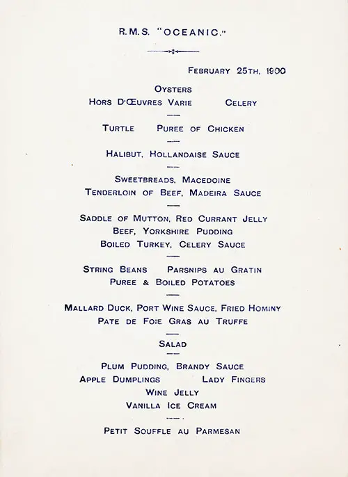 Menu Items, Luncheon Menu, PLClass on the RMS Oceanic of the White Star Line, 25 February 1900.