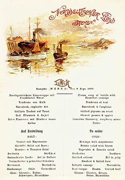 Front Cover of a Vintage Luncheon Menu Card from 8 September 1900, on board the SS Werra of the Norddeutscher Lloyd.