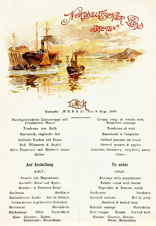 Front Cover of a Vintage Luncheon Menu Card from 8 September 1900, on board the SS Werra of the Norddeutscher Lloyd.