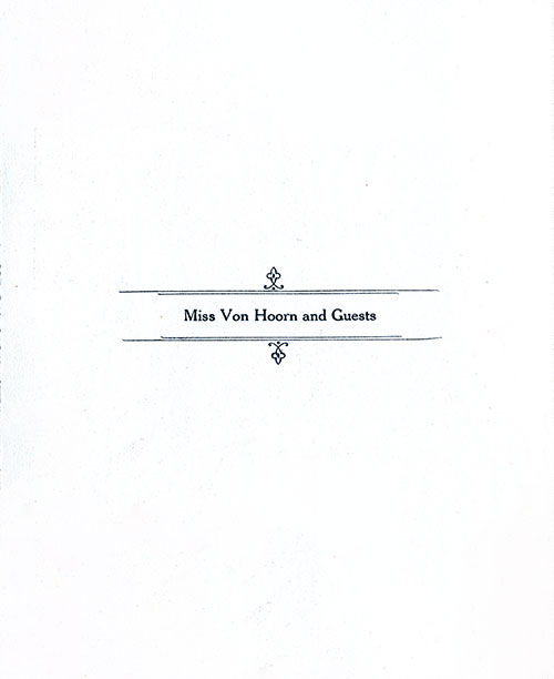 Title Page -- Miss Van Hoorn and Guests, Private Party Dinner Menu on the RMS Aquitania of the Cunard Line, 31 July 1937.