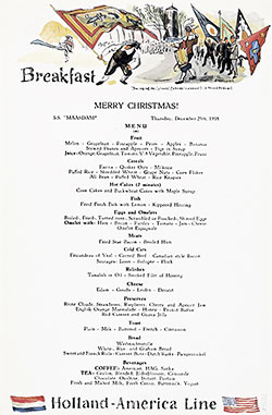 Front Cover of a Vintage Christmas Breakfast Menu Card from Thursday, 25 December 1958 on Board the SS Maasdam of the Holland-America Line.