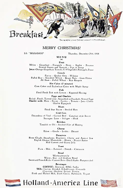 Front Cover of a Vintage Christmas Breakfast Menu Card from Thursday, 25 December 1958 on Board the SS Maasdam of the Holland-America Line.