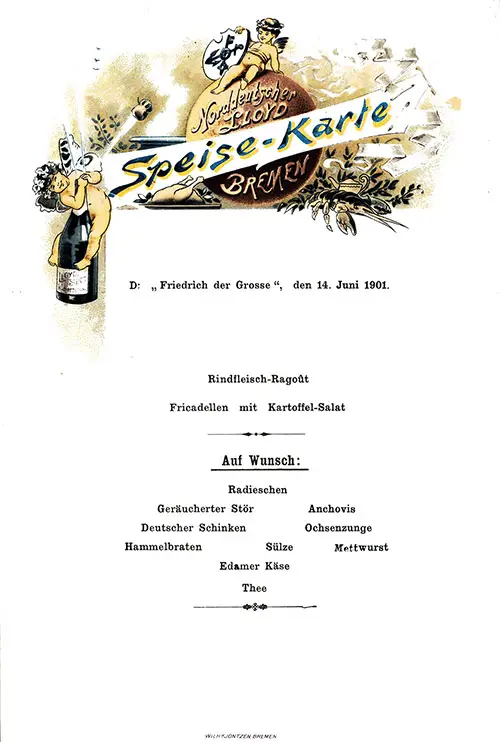 Auf Wunsch Speisekarte or On Request Menu Card, SS Friedrich der Grosse, 14 June 1901.