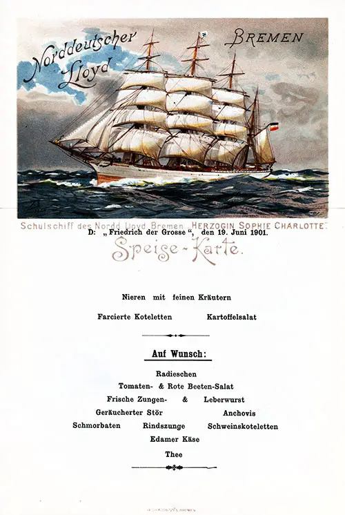 Auf Wunsch Speisekarte or On Request Menu Card, SS Friedrich der Grosse, 19 June 1901.