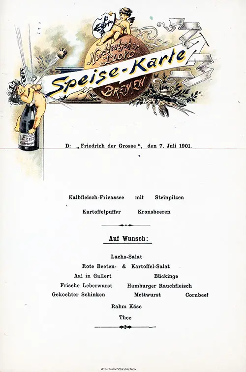 Auf Wunsch Speisekarte or On Request Menu Card, SS Friedrich der Grosse, 7 July 1901.