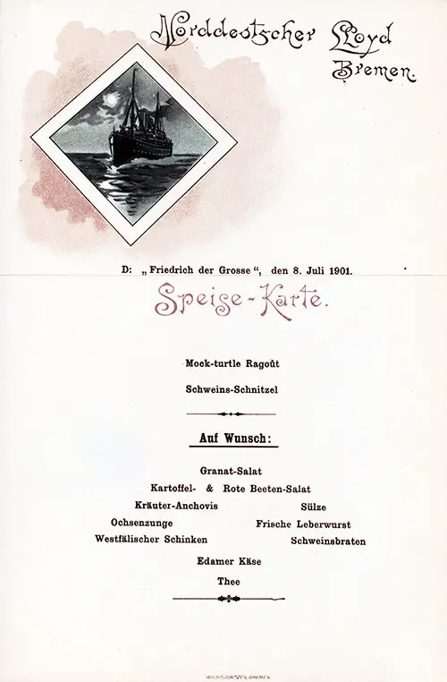 Auf Wunsch Speisekarte or On Request Menu Card, SS Friedrich der Grosse, 8 July 1901.