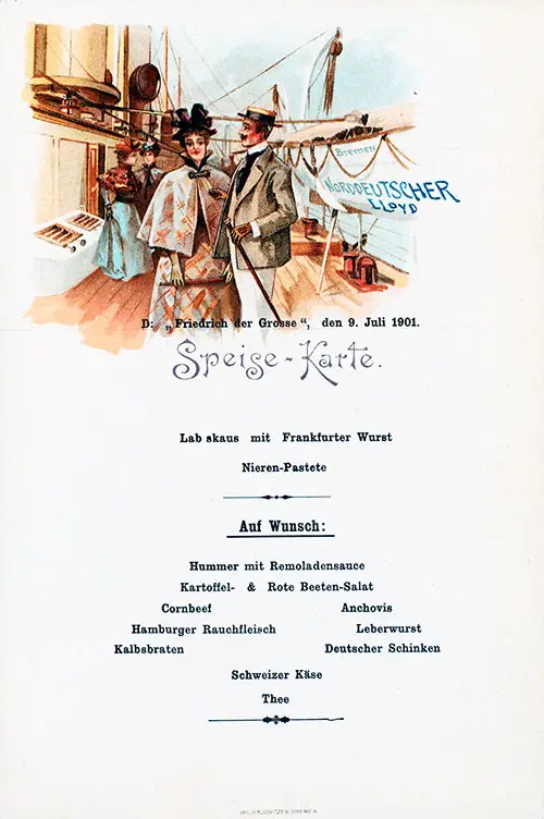 Auf Wunsch Speisekarte or On Request Menu Card, SS Friedrich der Grosse, 9 July 1901.