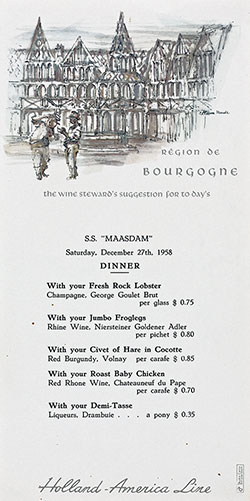 Wine Steward's Suggestion, Région de Bourgogne, on the SS Maasdam of the Holland-America Line for Saturday, 27 December 1958.