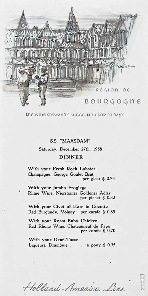 Wine Steward's Suggestion, Région de Bourgogne, on the SS Maasdam of the Holland-America Line for Saturday, 27 December 1958.