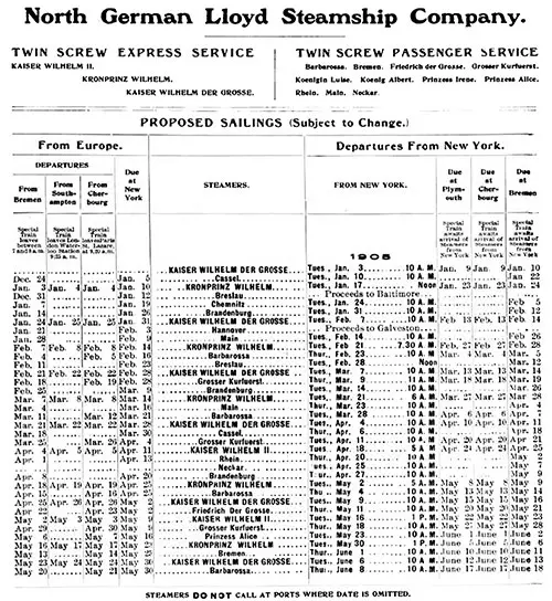 Sailing Schedule, Bremen-Southampton-Cherbourg-New York and New York-Plymouth-Cherbourg-Bremen, from 24 December 1904 to 18 June 1905.