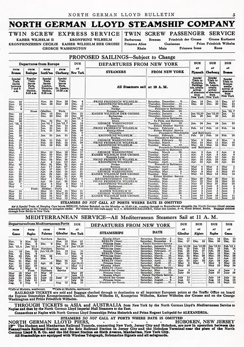 Proposed Sailings, Bremen-New York and New York-Mediterranean Services, from 10 November 1911 to 13 September 1912.