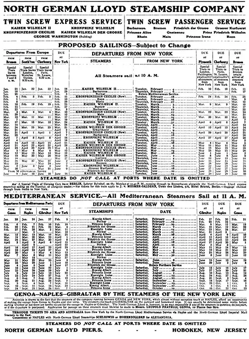 Proposed Sailings, Europe-New York, from 21 January 1908 to 23 June 1908 and Mediterranean Sailings from 23 January to 10 October 1908.