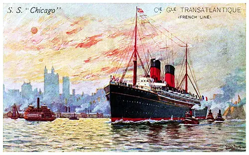 Color Postcard of the SS Chicago (1908) of the CGT French Line.