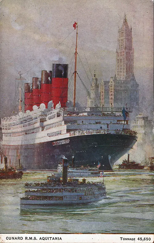 Postcard of the RMS Aquitania of the Cunard Line, ca 1920s. Tonnage 45,650.