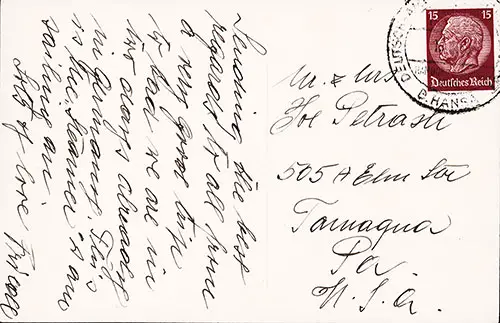 Back Side, Postcard of the SS Hansa (1923) of the Hamburg-American Line. Postally Used with Deutsches Reich 15 Stamp Affixed.
