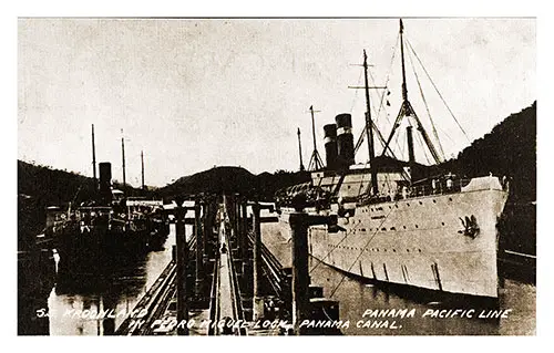 Postcard of the SS Kroonland of the Panama Pacific Line in the Pedro Miguel Lock of the Panama Canal.
