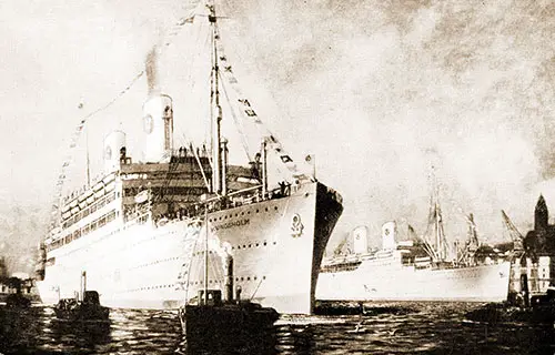 SS Kungsholm of the Swedish-American Line Near Port, circa 1928.