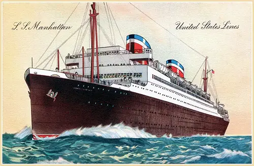 Color Postcard Painting of the SS Manhattan of the United States Lines, 1932.
