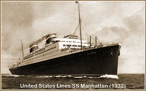 Postcard of the United States Lines Passenger Liner SS Manhattan at Sea, 1932.